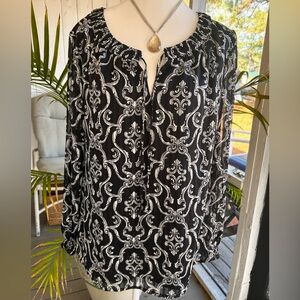 White House Black Market Blouse Medium Black White Baroque Boho Peasant Top